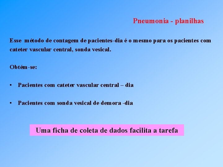 Pneumonia - planilhas Esse método de contagem de pacientes-dia é o mesmo para os