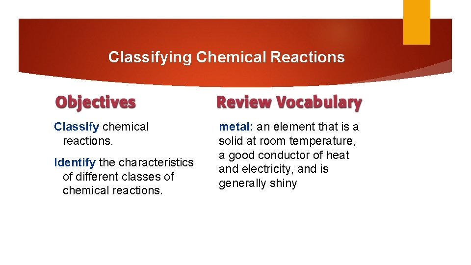 Classifying Chemical Reactions Classify chemical reactions. Identify the characteristics of different classes of chemical