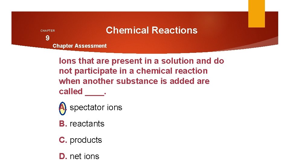 Chemical Reactions CHAPTER 9 Chapter Assessment Ions that are present in a solution and