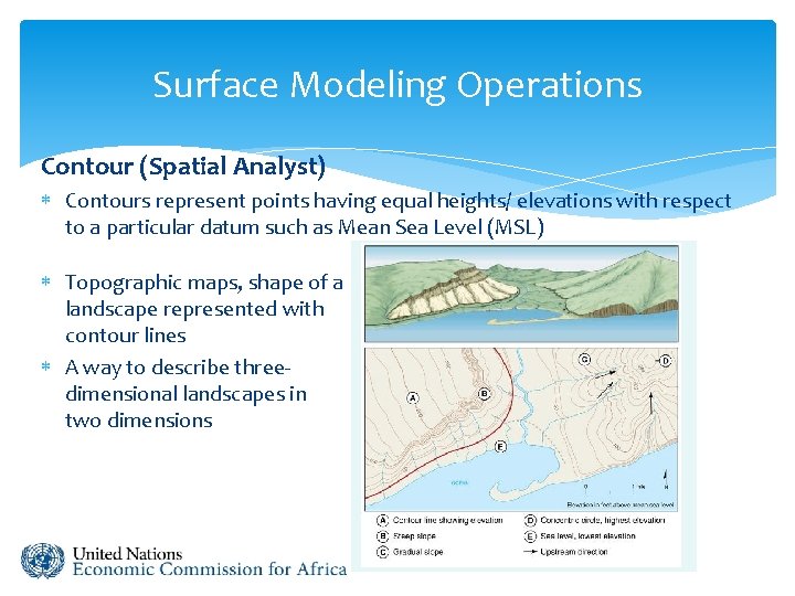 Surface Modeling Operations Contour (Spatial Analyst) Contours represent points having equal heights/ elevations with