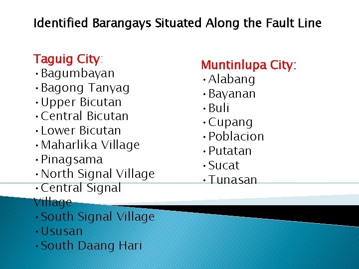 Identified Barangays Situated Along the Fault Line Taguig City: • Bagumbayan • Bagong Tanyag Identified Barangays Situated Along the Fault Line Taguig City: • Bagumbayan • Bagong Tanyag