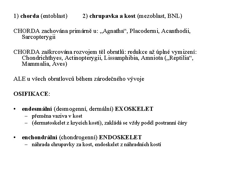 1) chorda (entoblast) 2) chrupavka a kost (mezoblast, BNL) CHORDA zachována primárně u: „Agnatha“,