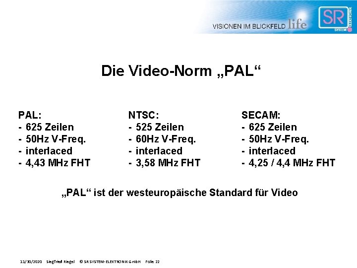 Die Video-Norm „PAL“ PAL: - 625 Zeilen - 50 Hz V-Freq. - interlaced -