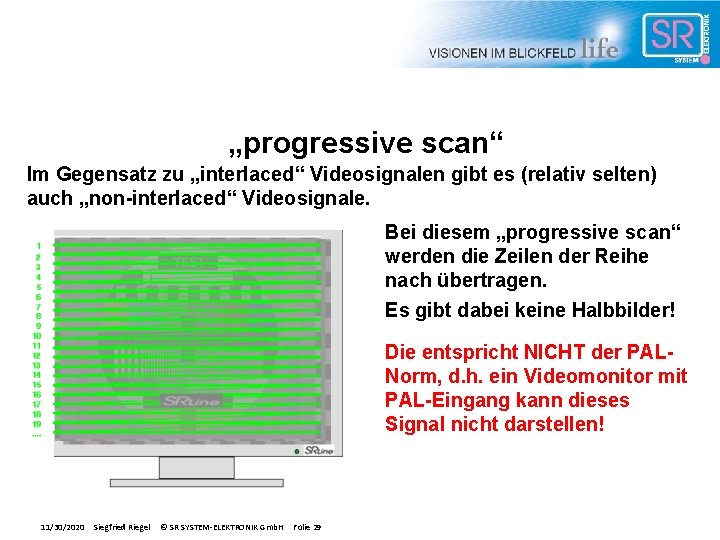 „progressive scan“ Im Gegensatz zu „interlaced“ Videosignalen gibt es (relativ selten) auch „non-interlaced“ Videosignale.
