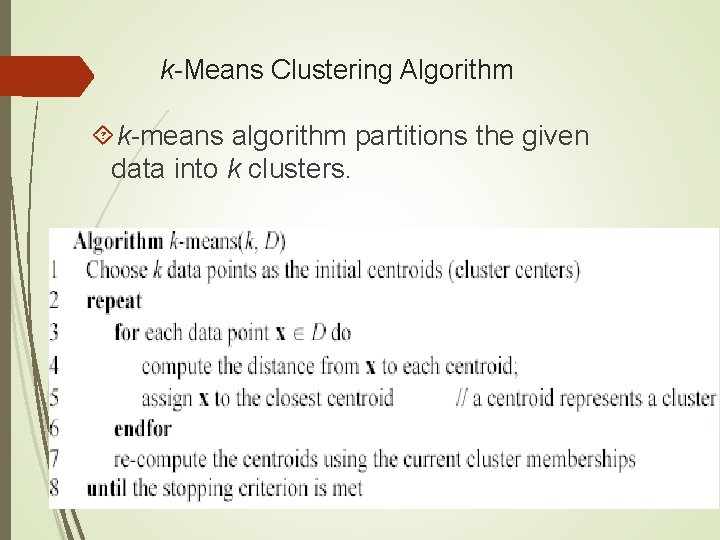 k-Means Clustering Algorithm k-means algorithm partitions the given data into k clusters. 