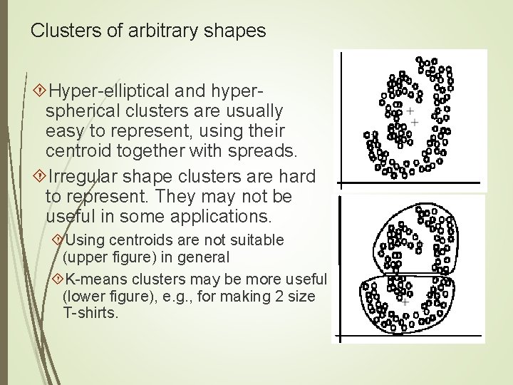 Clusters of arbitrary shapes Hyper-elliptical and hyperspherical clusters are usually easy to represent, using
