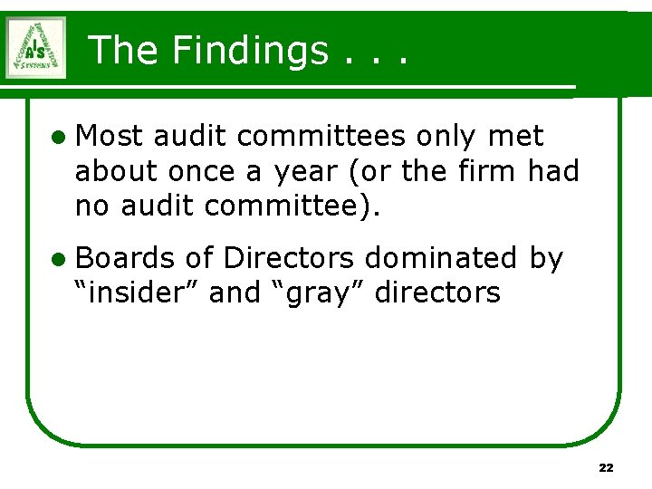 The Findings. . . l Most audit committees only met about once a year The Findings. . . l Most audit committees only met about once a year