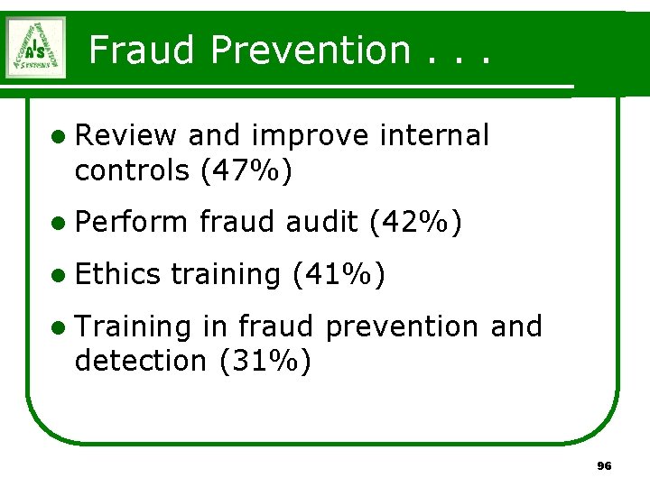 Fraud Prevention. . . l Review and improve internal controls (47%) l Perform l Fraud Prevention. . . l Review and improve internal controls (47%) l Perform l