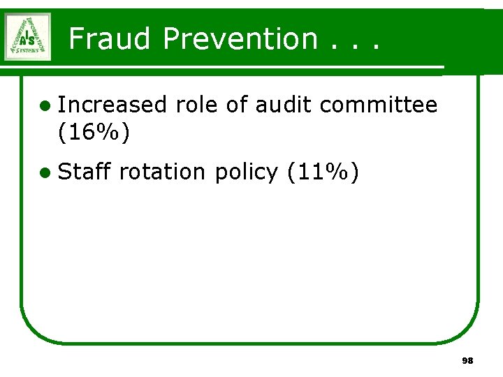 Fraud Prevention. . . l Increased (16%) l Staff role of audit committee rotation Fraud Prevention. . . l Increased (16%) l Staff role of audit committee rotation