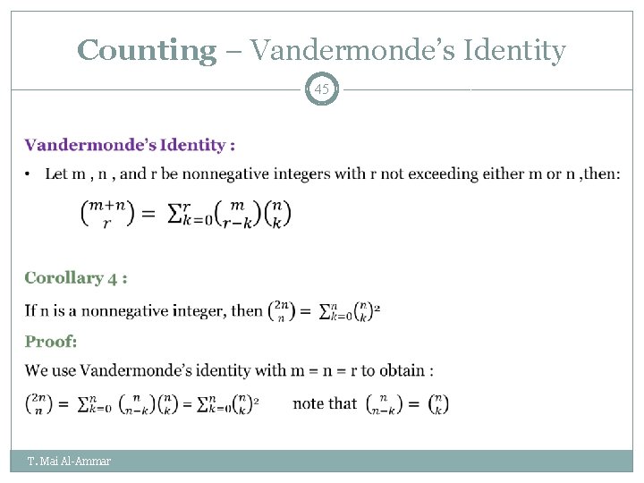 Counting – Vandermonde’s Identity 45 T. Mai Al-Ammar Counting – Vandermonde’s Identity 45 T. Mai Al-Ammar
