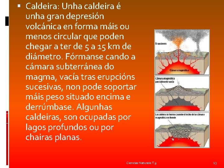  Caldeira: Unha caldeira é unha gran depresión volcánica en forma máis ou menos