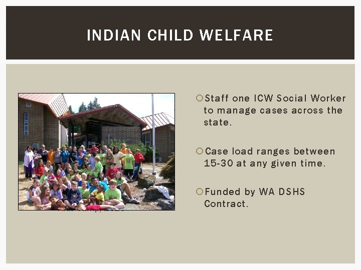 INDIAN CHILD WELFARE Staff one ICW Social Worker to manage cases across the state.