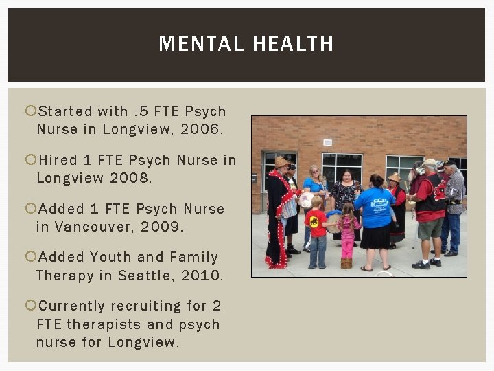 MENTAL HEALTH Started with. 5 FTE Psych Nurse in Longview, 2006. Hired 1 FTE
