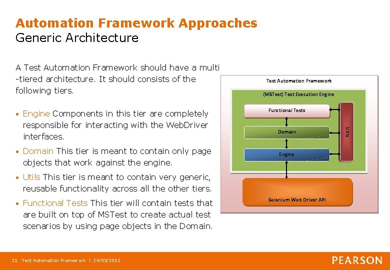 Automation Framework Approaches Generic Architecture A Test Automation Framework should have a multi -tiered