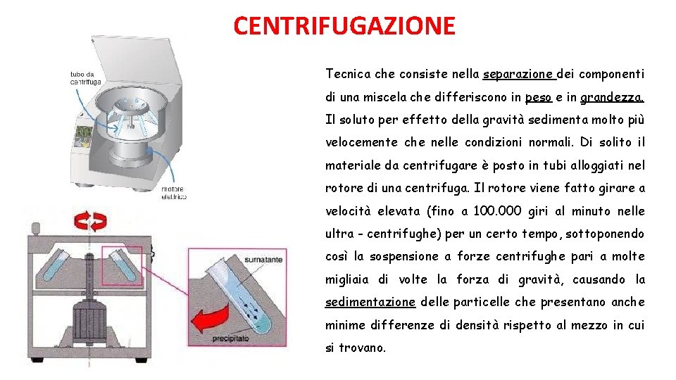 CENTRIFUGAZIONE Tecnica che consiste nella separazione dei componenti di una miscela che differiscono in