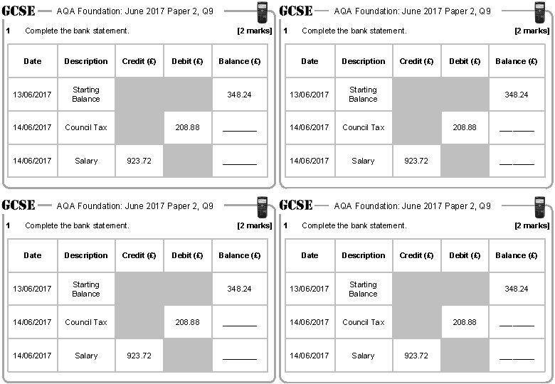 AQA Foundation: June 2017 Paper 2, Q 9 1 Complete the bank statement. Date