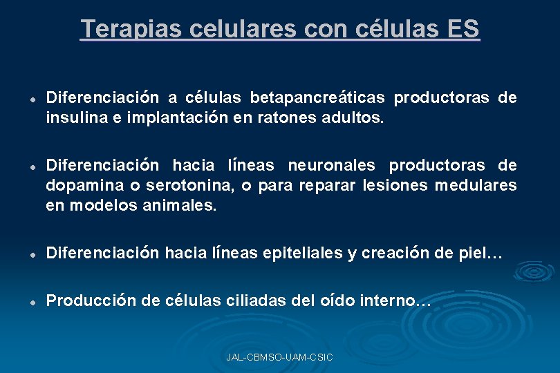Terapias celulares con células ES l l Diferenciación a células betapancreáticas productoras de insulina Terapias celulares con células ES l l Diferenciación a células betapancreáticas productoras de insulina
