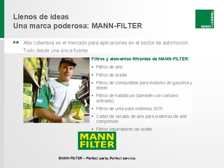 Llenos de ideas Una marca poderosa: MANN-FILTER Alta cobertura en el mercado para aplicaciones Llenos de ideas Una marca poderosa: MANN-FILTER Alta cobertura en el mercado para aplicaciones