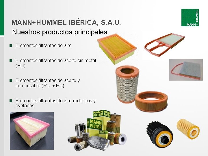 MANN+HUMMEL IBÉRICA, S. A. U. Nuestros productos principales n Elementos filtrantes de aire n MANN+HUMMEL IBÉRICA, S. A. U. Nuestros productos principales n Elementos filtrantes de aire n