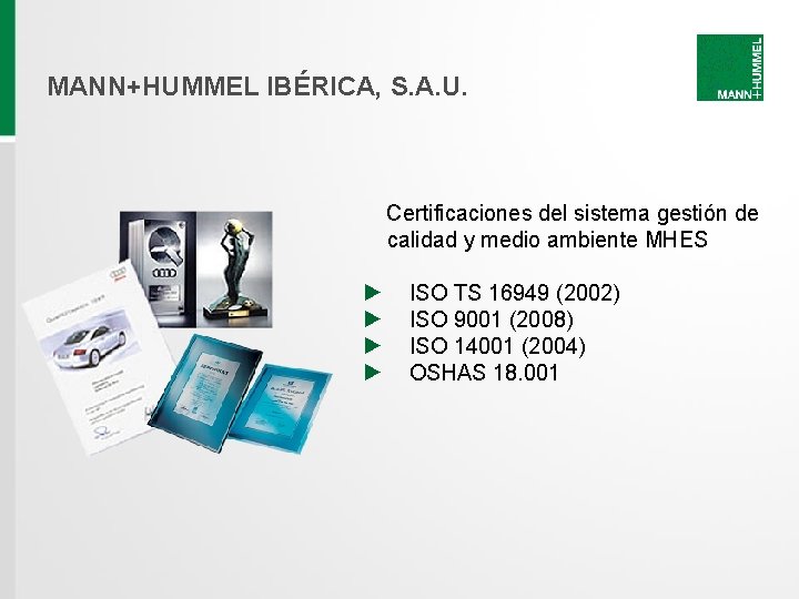 MANN+HUMMEL IBÉRICA, S. A. U. Certificaciones del sistema gestión de calidad y medio ambiente MANN+HUMMEL IBÉRICA, S. A. U. Certificaciones del sistema gestión de calidad y medio ambiente