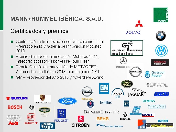 MANN+HUMMEL IBÉRICA, S. A. U. Certificados y premios n Contribución a la innovación del MANN+HUMMEL IBÉRICA, S. A. U. Certificados y premios n Contribución a la innovación del