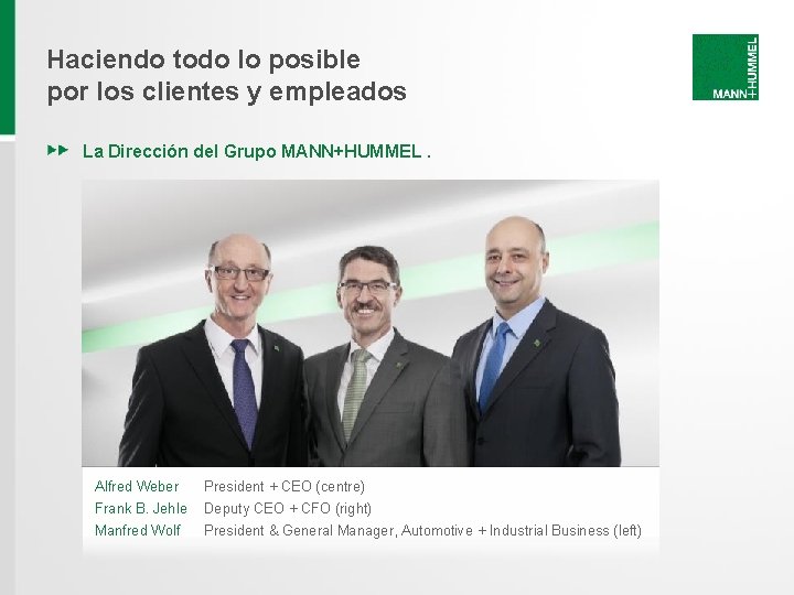 Haciendo todo lo posible por los clientes y empleados La Dirección del Grupo MANN+HUMMEL. Haciendo todo lo posible por los clientes y empleados La Dirección del Grupo MANN+HUMMEL.