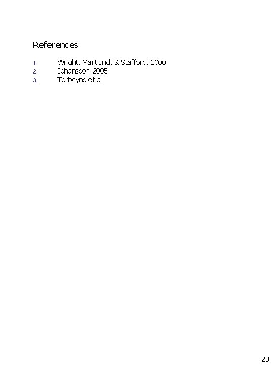 References 1. 2. 3. Wright, Martlund, & Stafford, 2000 Johansson 2005 Torbeyns et al. References 1. 2. 3. Wright, Martlund, & Stafford, 2000 Johansson 2005 Torbeyns et al.