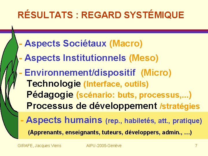 RÉSULTATS : REGARD SYSTÉMIQUE - Aspects Sociétaux (Macro) - Aspects Institutionnels (Meso) - Environnement/dispositif