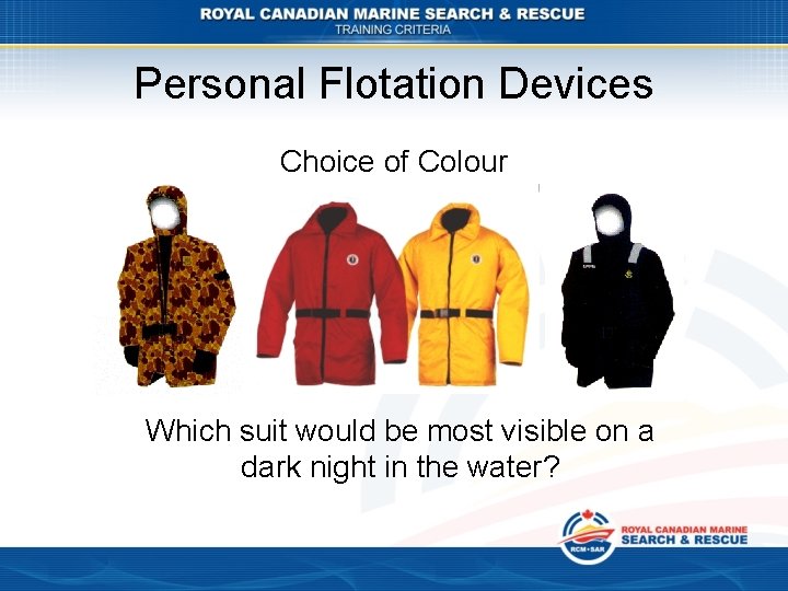 Personal Flotation Devices Choice of Colour Which suit would be most visible on a