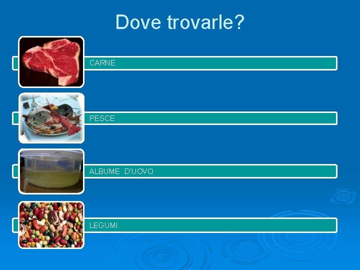 Dove trovarle? CARNE PESCE ALBUME D’UOVO LEGUMI 