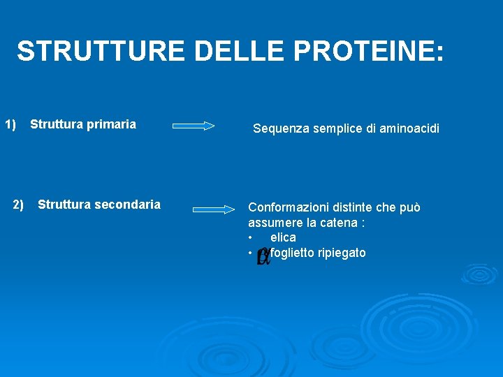STRUTTURE DELLE PROTEINE: 1) 2) Struttura primaria Struttura secondaria Sequenza semplice di aminoacidi Conformazioni