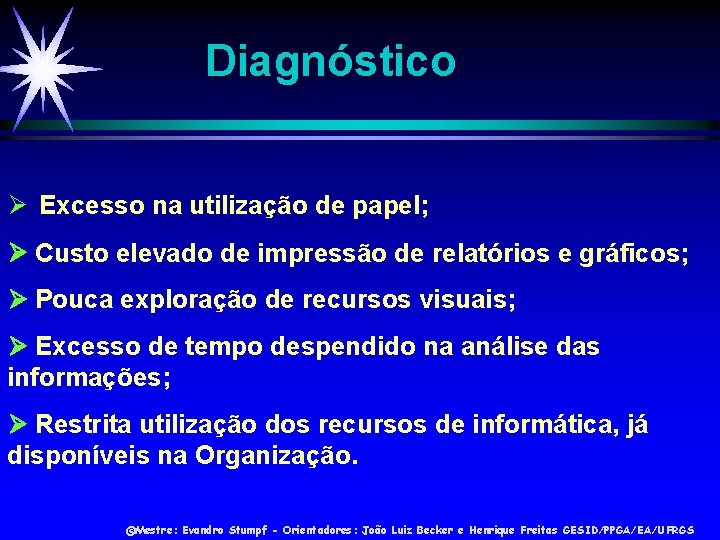 Diagnóstico Excesso na utilização de papel; Custo elevado de impressão de relatórios e gráficos;