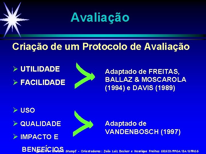 Avaliação Criação de um Protocolo de Avaliação UTILIDADE FACILIDADE Adaptado de FREITAS, BALLAZ &
