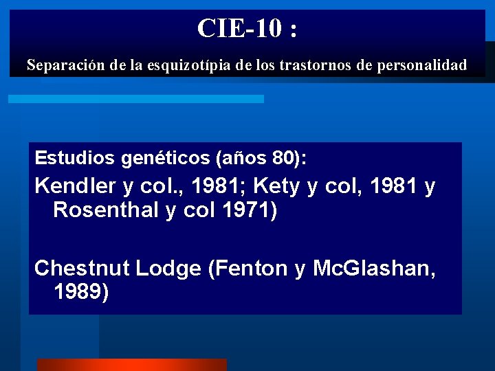 CIE-10 : Separación de la esquizotípia de los trastornos de personalidad Estudios genéticos (años