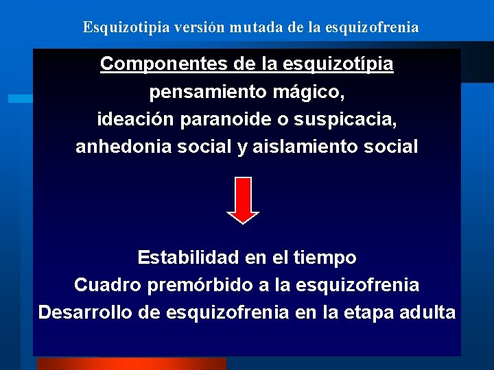 Esquizotipia versión mutada de la esquizofrenia Componentes de la esquizotípia pensamiento mágico, ideación paranoide