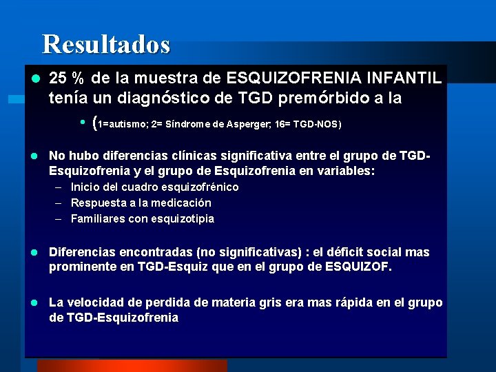 Resultados l 25 % de la muestra de ESQUIZOFRENIA INFANTIL tenía un diagnóstico de