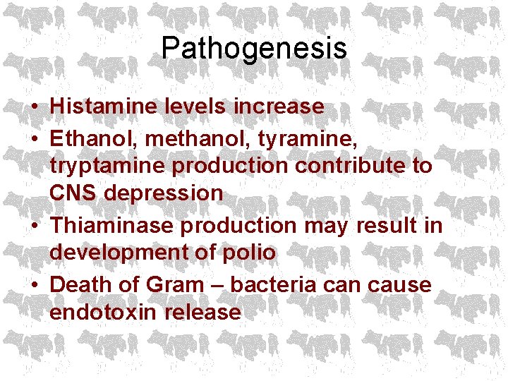 Pathogenesis • Histamine levels increase • Ethanol, methanol, tyramine, tryptamine production contribute to CNS