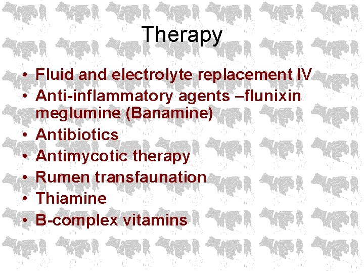 Therapy • Fluid and electrolyte replacement IV • Anti-inflammatory agents –flunixin meglumine (Banamine) •