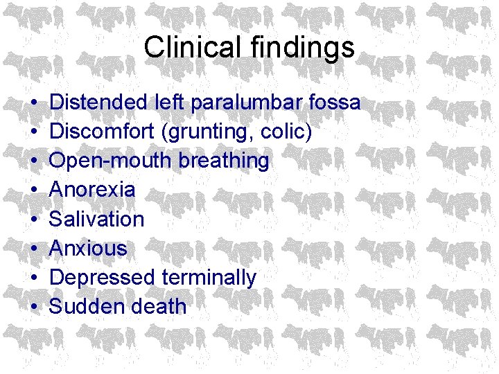 Clinical findings • • Distended left paralumbar fossa Discomfort (grunting, colic) Open-mouth breathing Anorexia