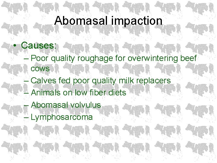 Abomasal impaction • Causes: – Poor quality roughage for overwintering beef cows – Calves
