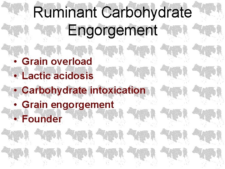 Ruminant Carbohydrate Engorgement • • • Grain overload Lactic acidosis Carbohydrate intoxication Grain engorgement