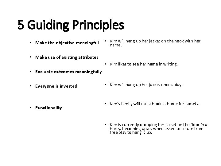 5 Guiding Principles • Make the objective meaningful • Kim will hang up her