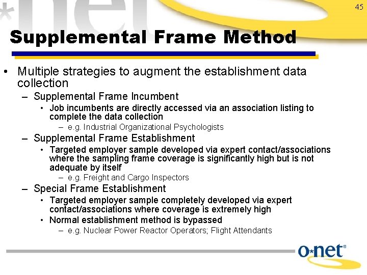 45 Supplemental Frame Method • Multiple strategies to augment the establishment data collection –