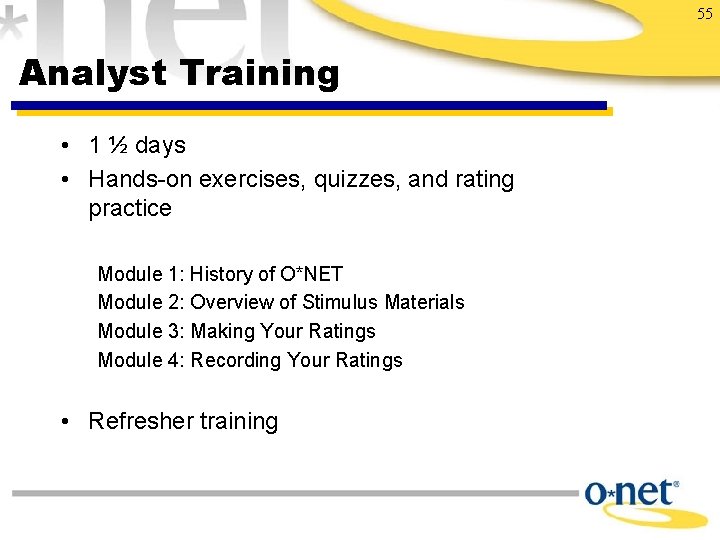 55 Analyst Training • 1 ½ days • Hands-on exercises, quizzes, and rating practice