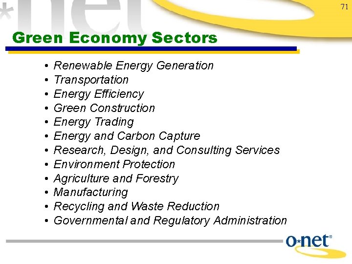 71 Green Economy Sectors • • • Renewable Energy Generation Transportation Energy Efficiency Green