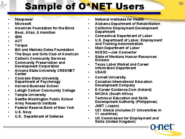 Sample of O*NET Users • • • • • • Manpower Microsoft American Foundation
