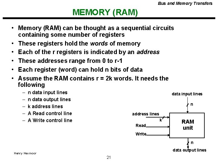 Bus and Memory Transfers MEMORY (RAM) • Memory (RAM) can be thought as a Bus and Memory Transfers MEMORY (RAM) • Memory (RAM) can be thought as a
