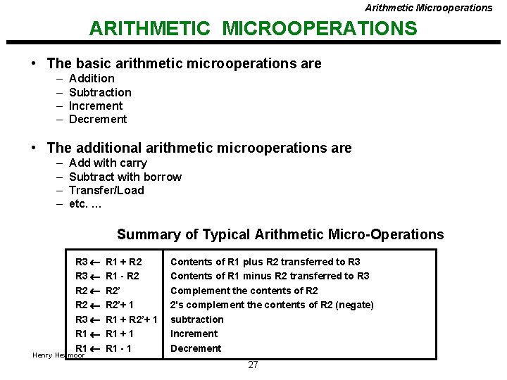 Arithmetic Microoperations ARITHMETIC MICROOPERATIONS • The basic arithmetic microoperations are – – Addition Subtraction