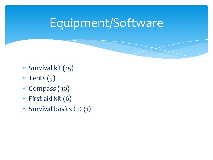 Equipment/Software Survival kit (15) Tents (5) Compass (30) First aid kit (6) Survival basics