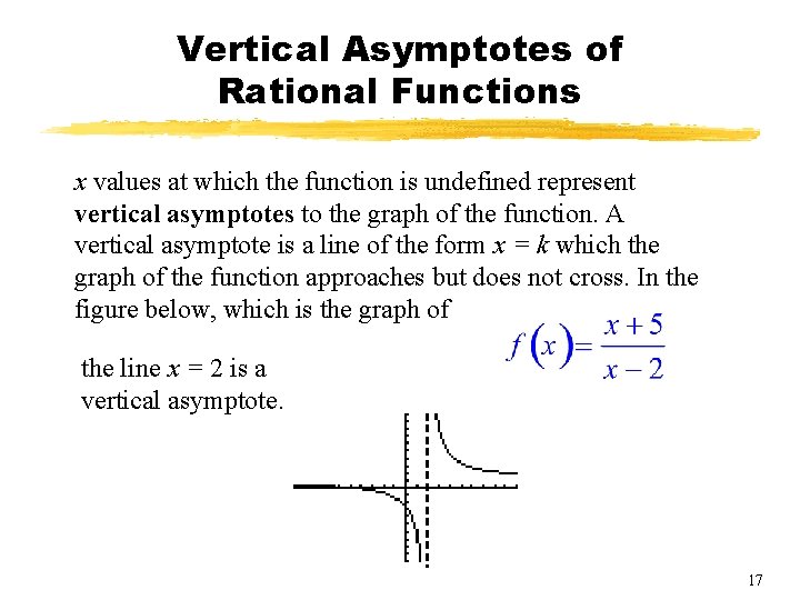 Vertical Asymptotes of Rational Functions x values at which the function is undefined represent Vertical Asymptotes of Rational Functions x values at which the function is undefined represent